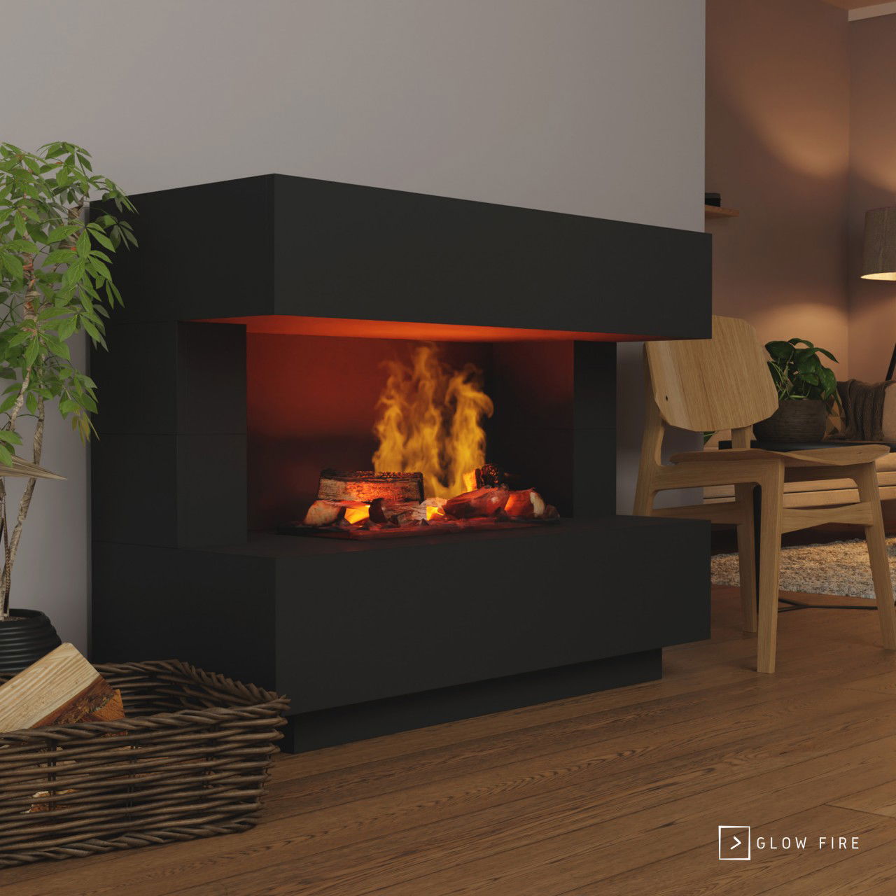 Glow Fire Kant Elektrokamin OMC 600 mit Deluxe Echtholzdekoration