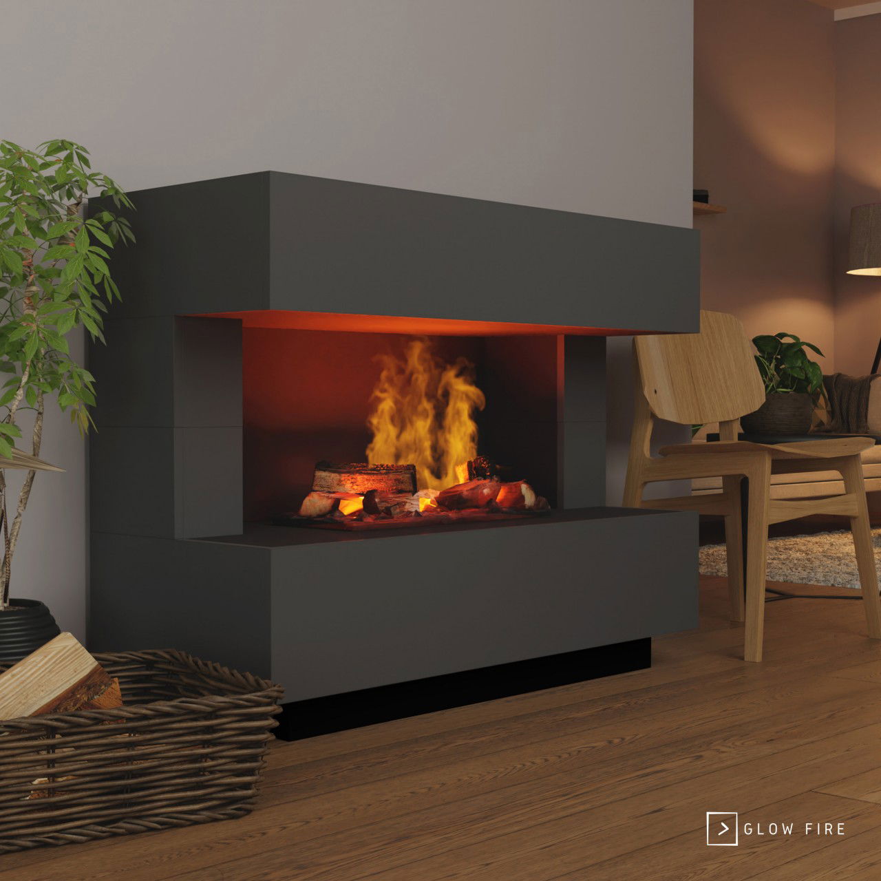 Glow Fire Kant Elektrokamin OMC 600 mit Deluxe Echtholzdekoration