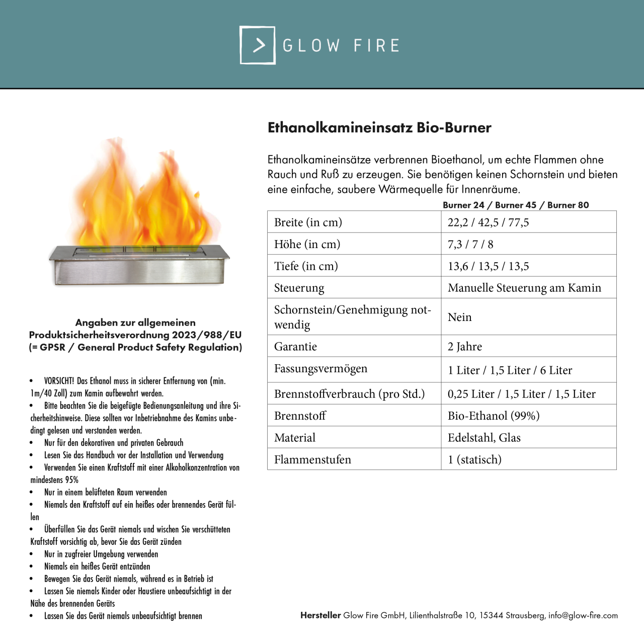 Glow Fire BIO Burner 24 Ethanolbrenner Silber
