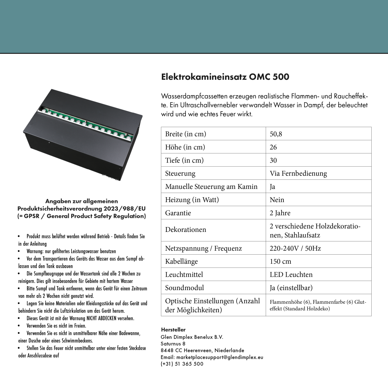 Glow Fire Planck Elektrokamin Opti-Myst Cassette 500 ohne Holzdekoration