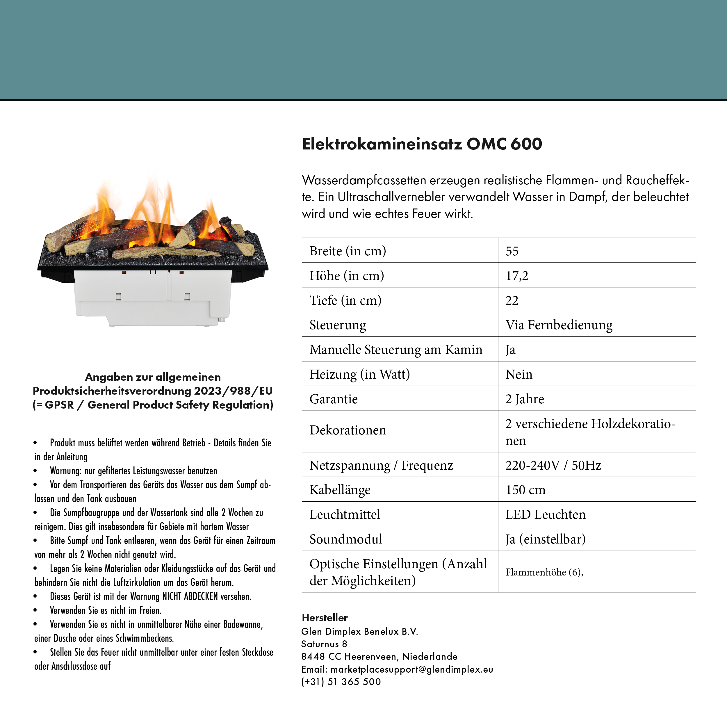 Glow Fire Planck Hoch Elektrokamin