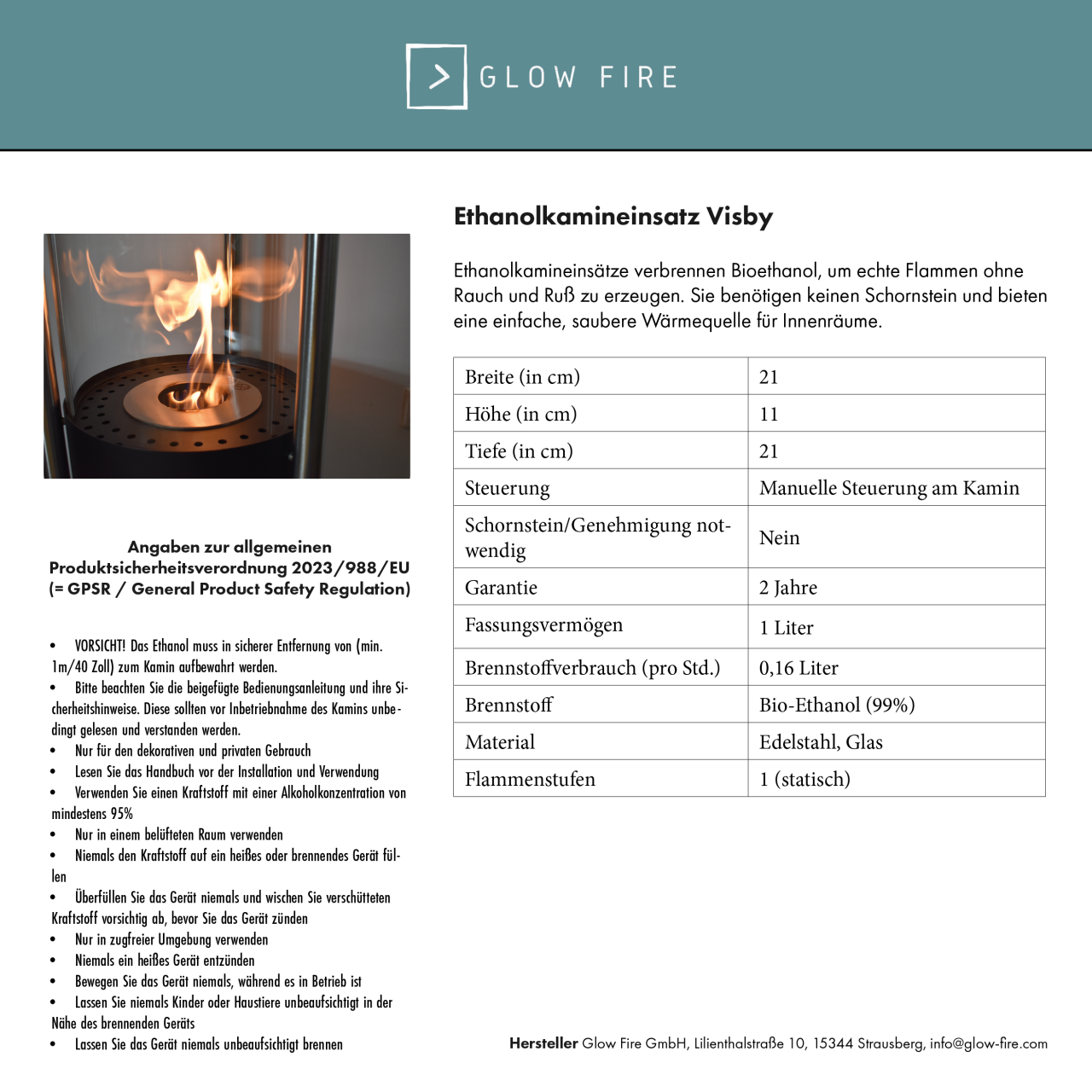 Glow Fire Visby Ethanol Kamin Schwarz