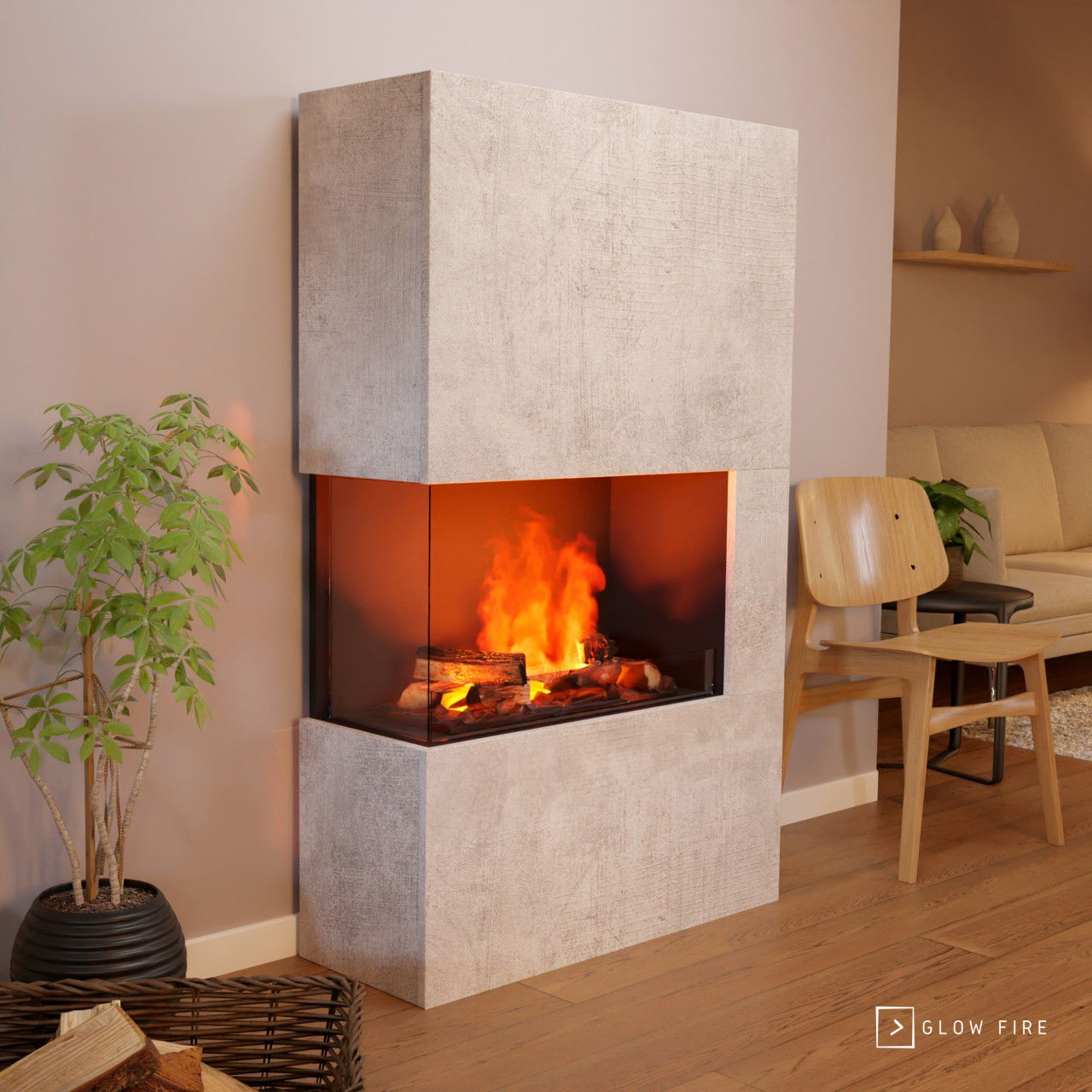 Glow Fire Tucholsky Right Corner Beton Elektrokamin mit Wasserdampf