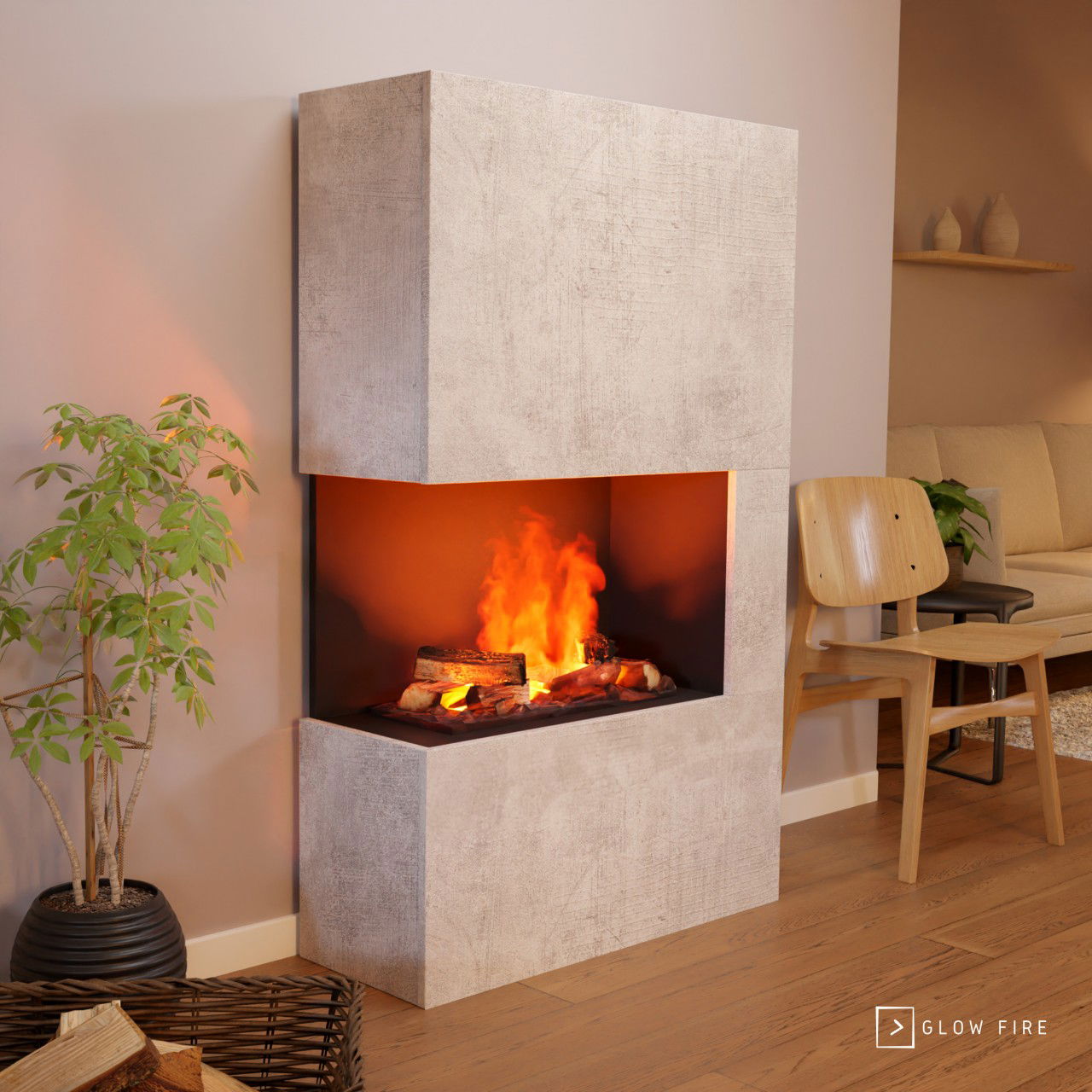 Glow Fire Tucholsky Right Corner Beton Elektrokamin mit Wasserdampf