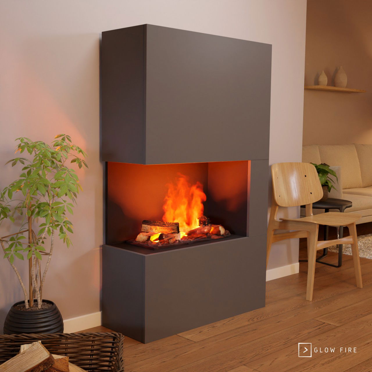 Glow Fire Tucholsky Right Corner Grau Elektrokamin mit Wasserdampf