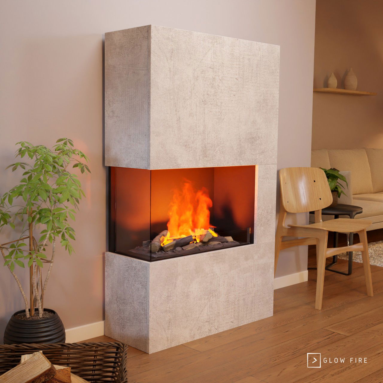 Glow Fire Tucholsky Right Corner Beton Elektrokamin mit Wasserdampf