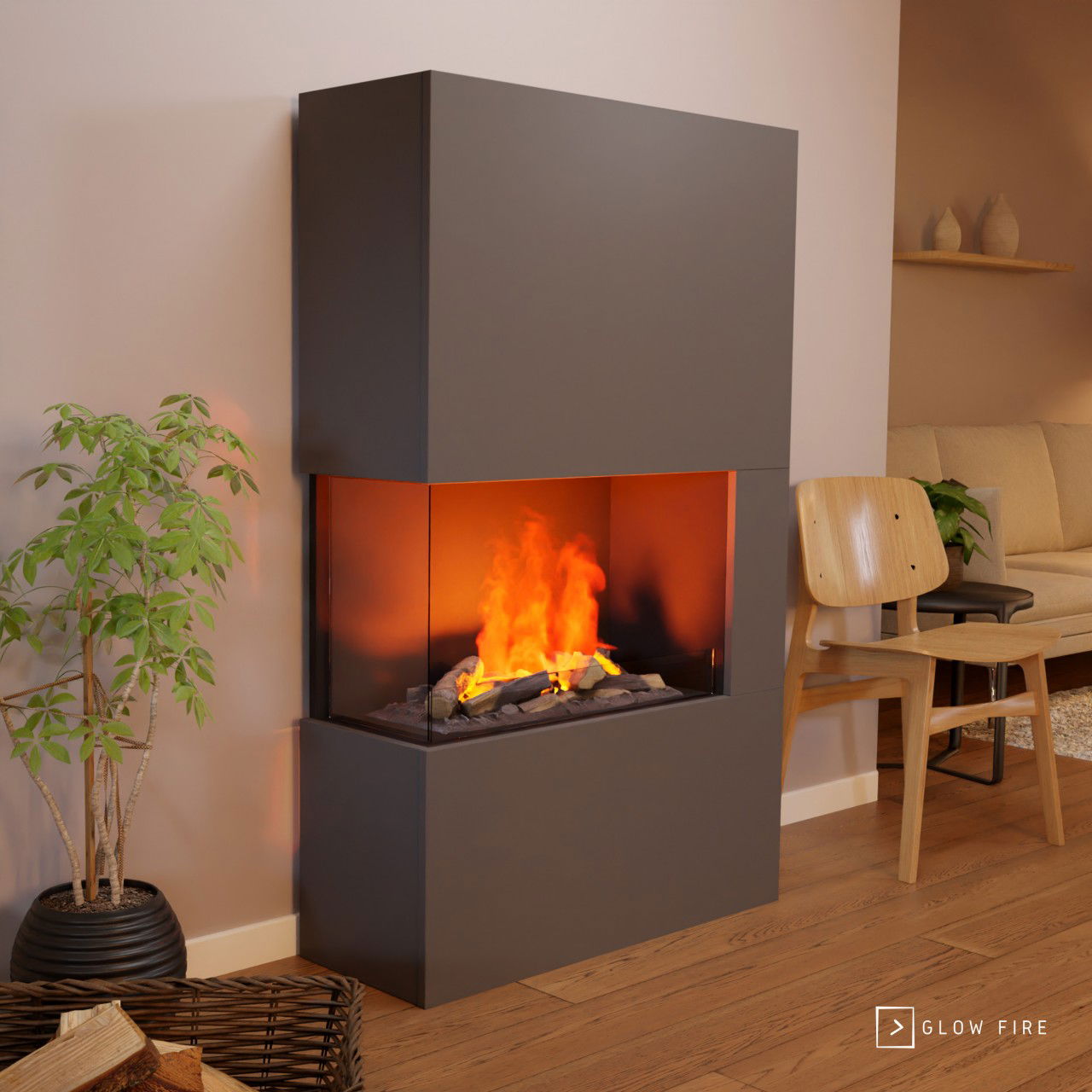 Glow Fire Tucholsky Right Corner Grau Elektrokamin mit Wasserdampf