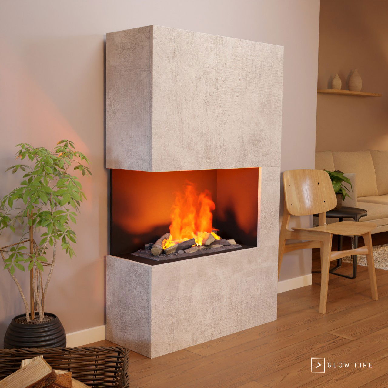 Glow Fire Tucholsky Right Corner Beton Elektrokamin mit Wasserdampf