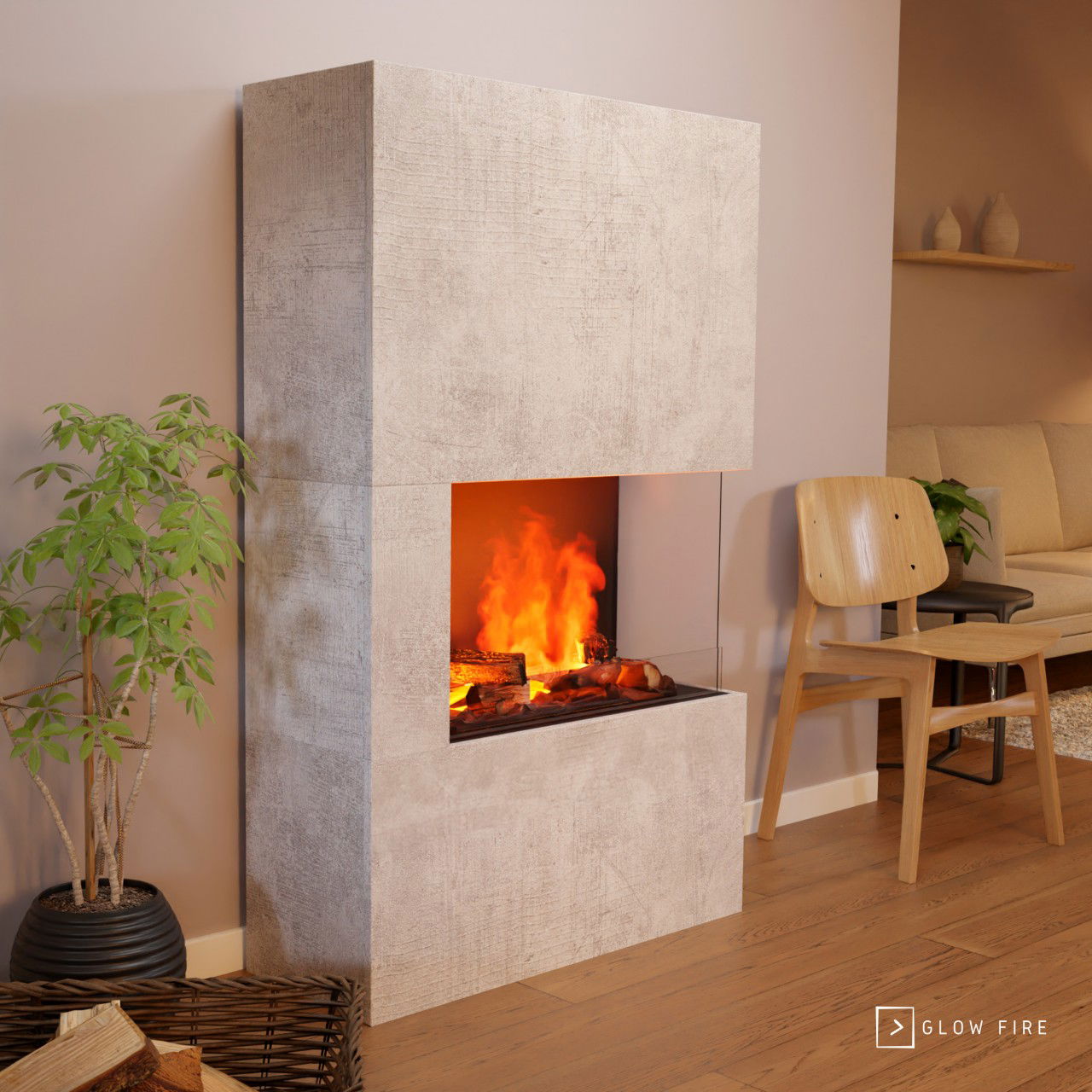 Glow Fire Tucholsky Right Corner Beton Elektrokamin mit Wasserdampf