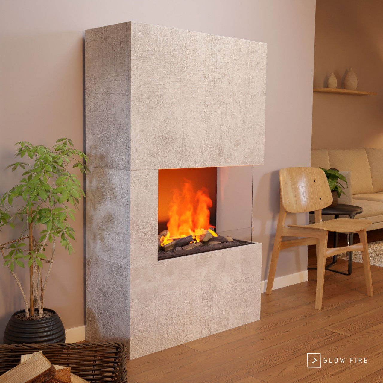 Glow Fire Tucholsky Right Corner Beton Elektrokamin mit Wasserdampf