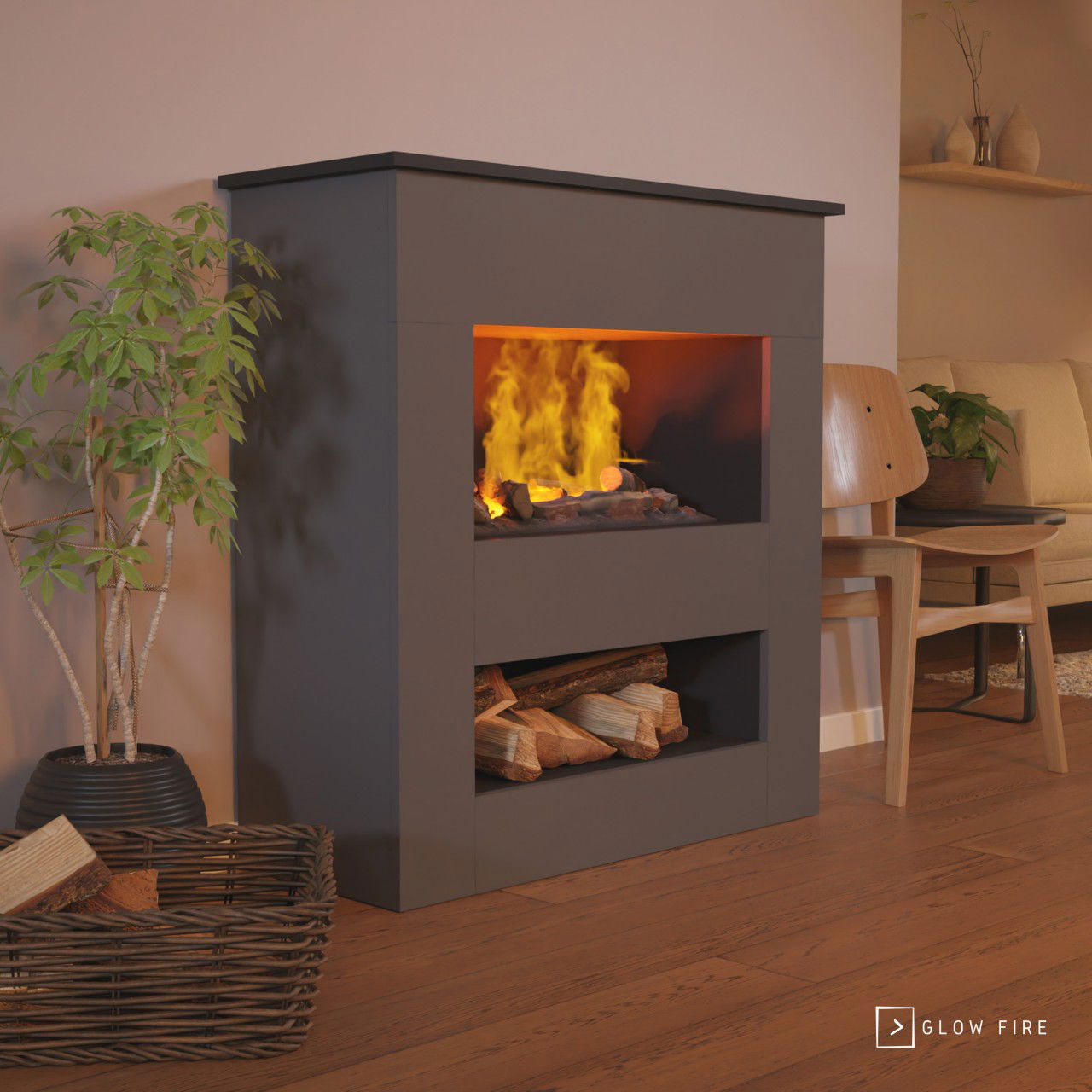 Glow Fire Brecht Elektrokamin Opti-Myst Cassette 600 mit Holzdekoration