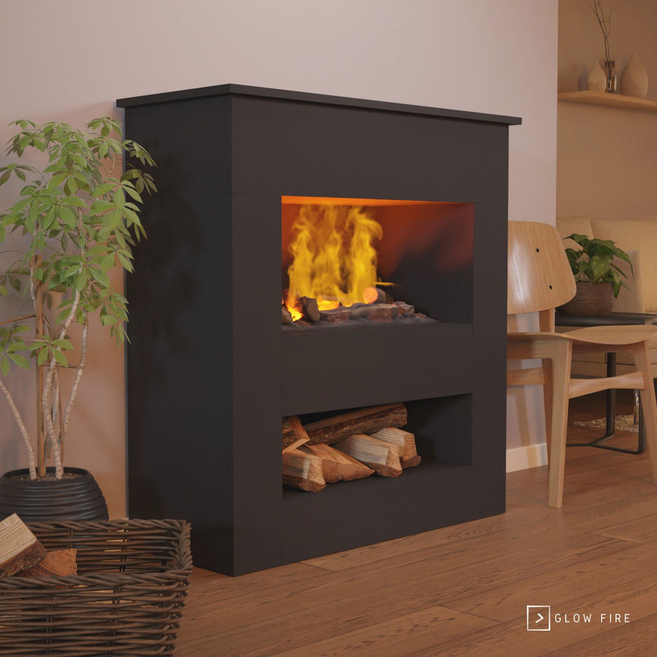 Glow Fire Brecht Elektrokamin Opti-Myst Cassette 600 mit Holzdekoration