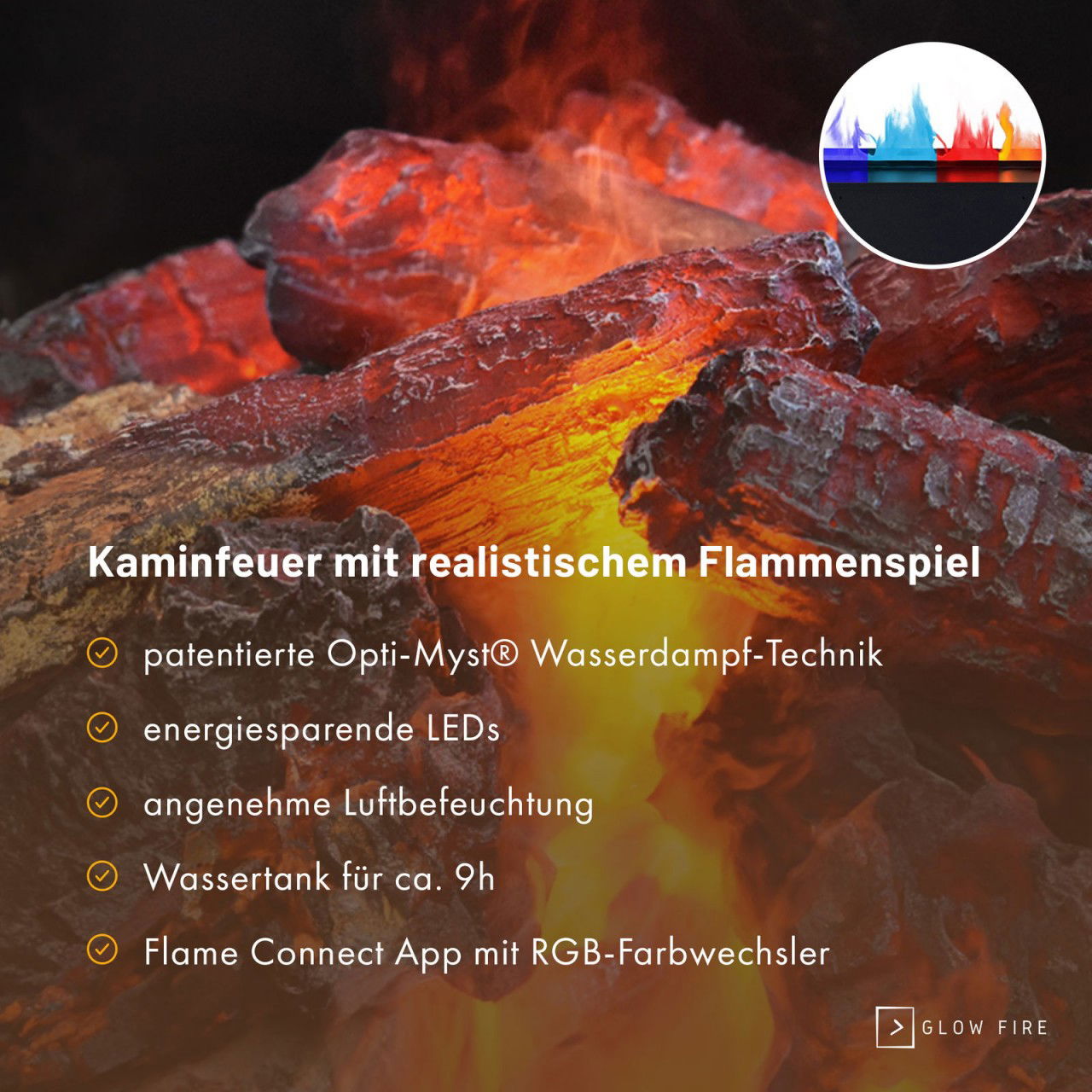 Glow Fire Hölderlin Hoch Elektrokamin Opti-Myst Cassette 500 ohne Holzdekoration