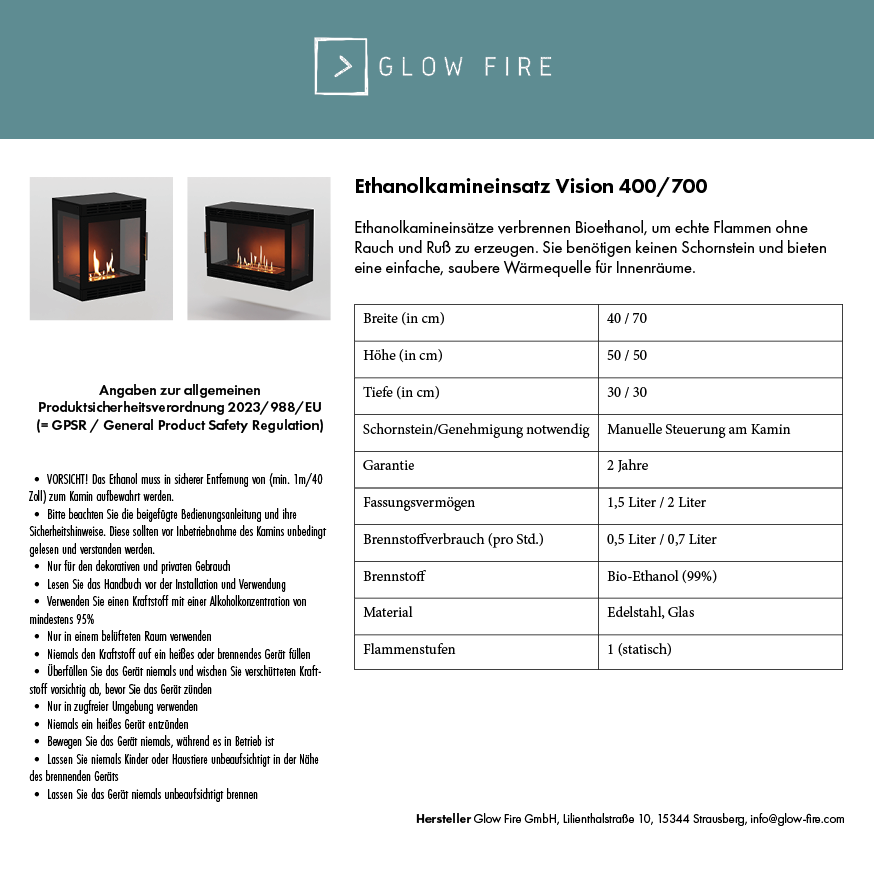 Glow Fire Vision 700 insert de cheminée à l’éthanol