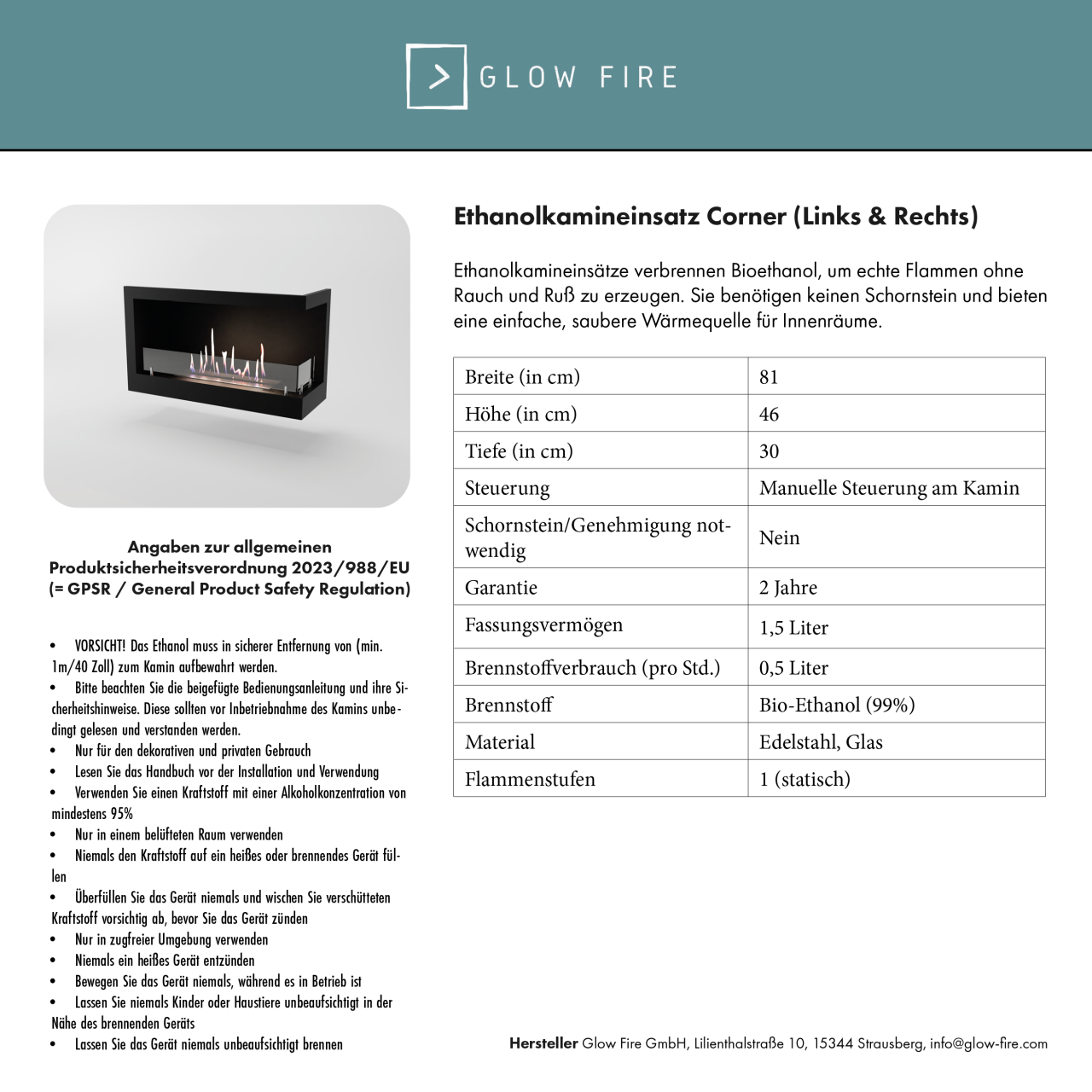 Glow Fire Corner Ethanol Kamin