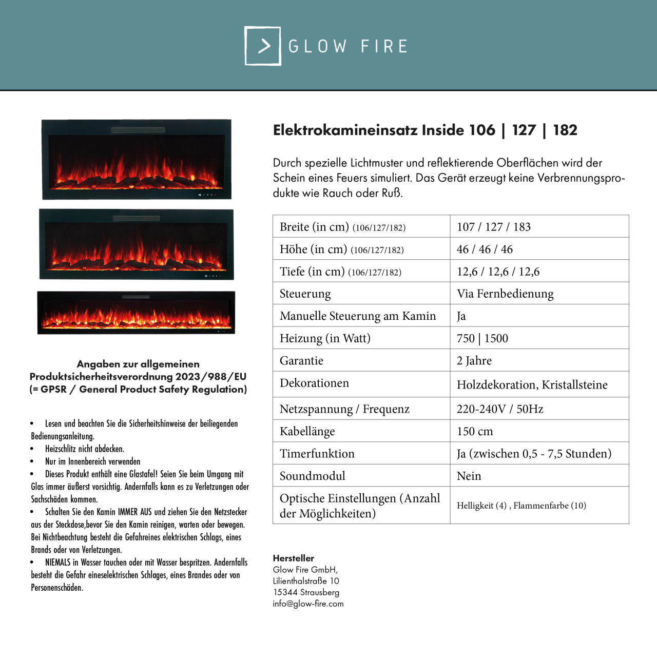 Glow Fire Fernsehwand mit integriertem LED-Kamin Inside 182