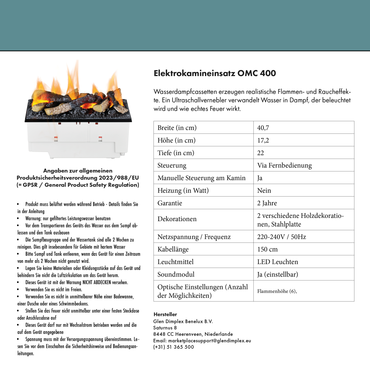 Glow Fire OGF 1 Weiß Elektrokamin mit Wasserdampf