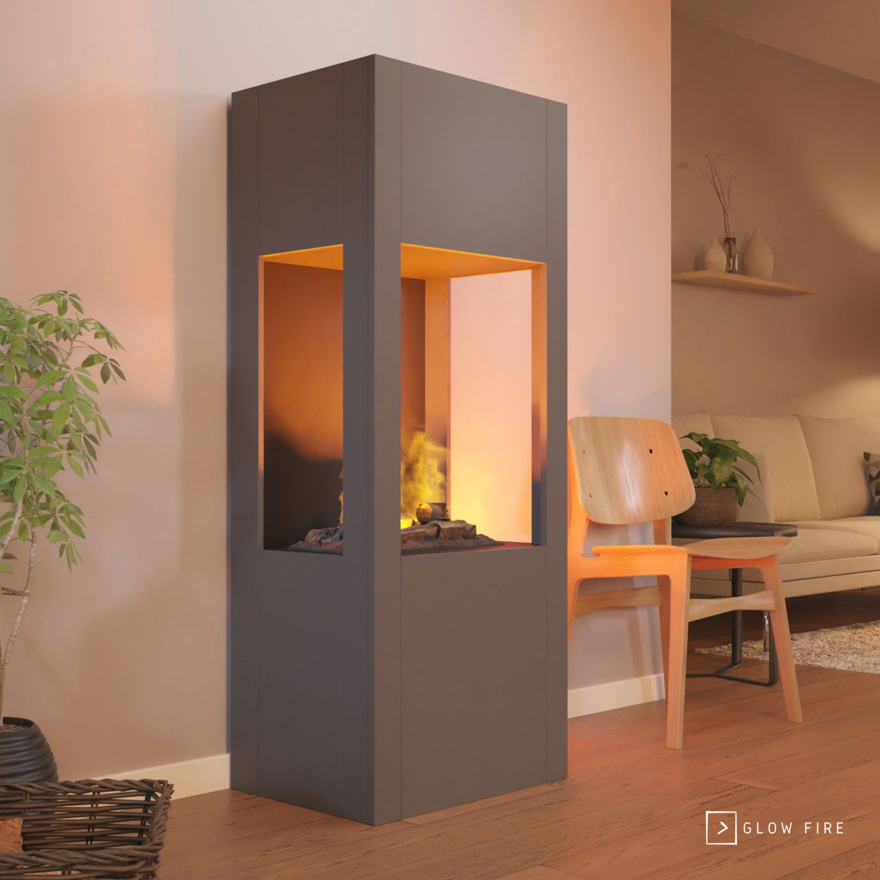 Glow Fire Böll camino elettrico - Grigio / Opti-Myst Cassette 400 con decorazione in legno