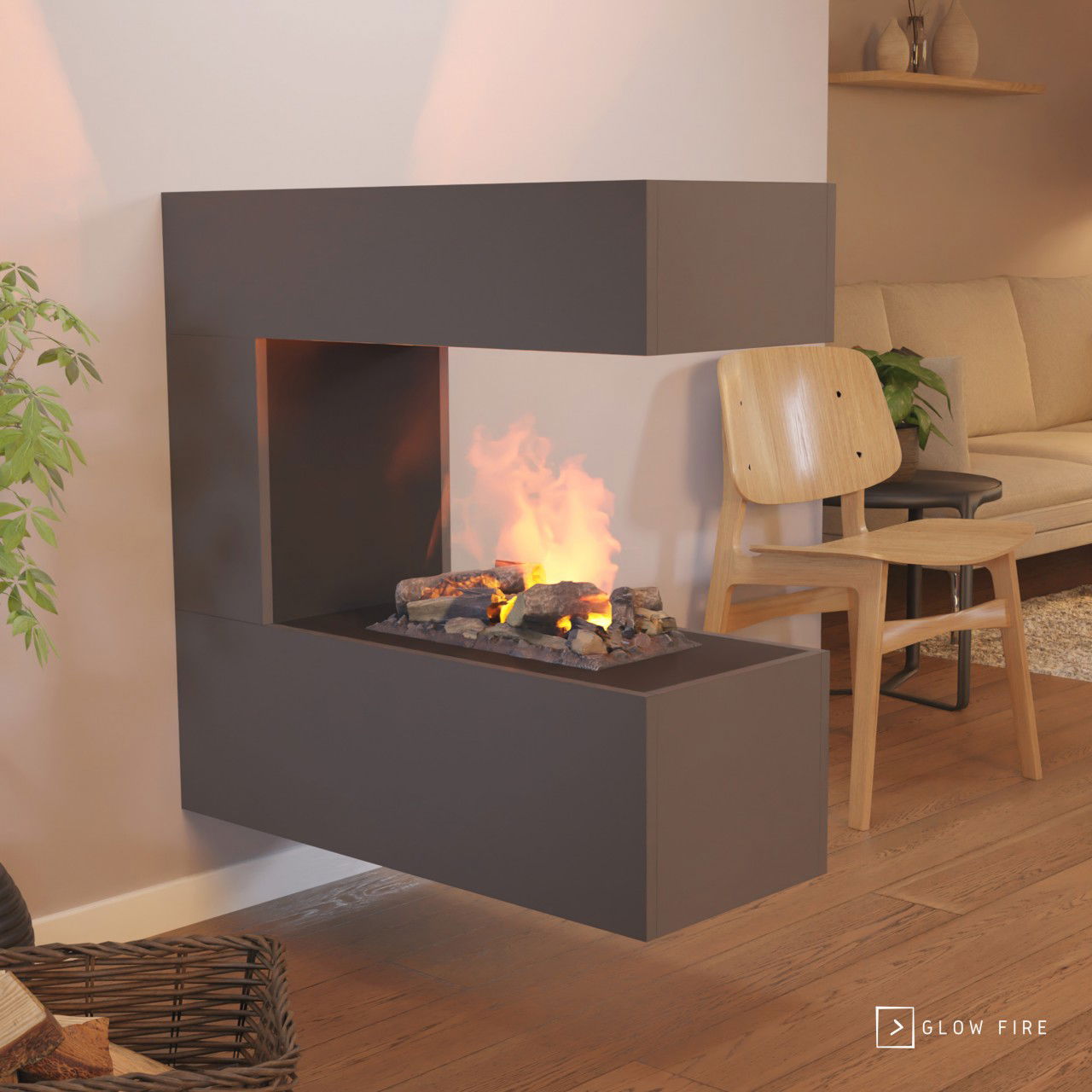 Glow Fire Schiller Hängekamin Grau Elektrokamin mit Wasserdampf